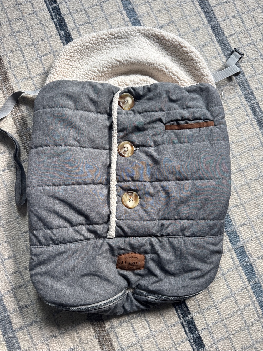 JJ Cole Gray Quilted Car seat Bunting with Cream Sherpa Trim